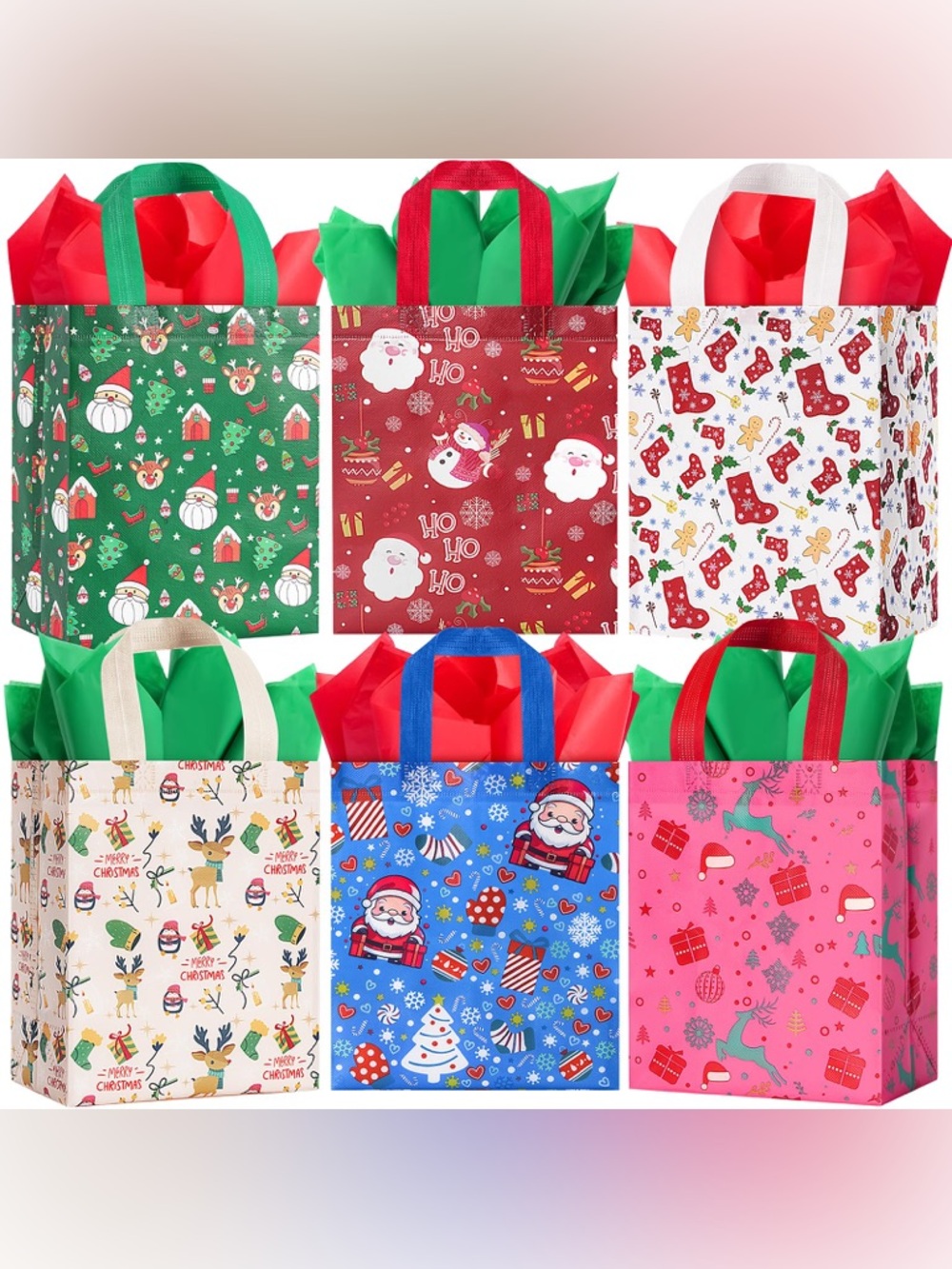 Holiday Reusable Gift Bags Set - Red, Green, Blue, Pink, White, Cream